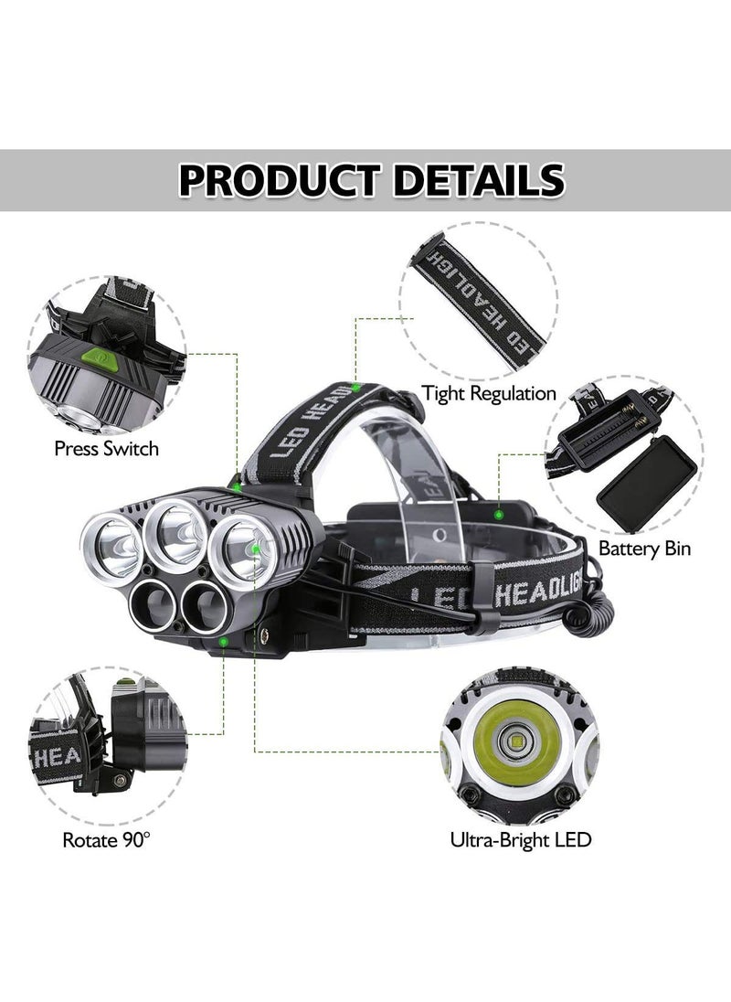 SEAHAVEN Flashlight Headlamp USB Rechargeable Headlamp6 Modes 5 LED Ultra Bright IPX4 Waterproof90 Degrees rotated Work Light for Outdoors Household HikingCampingEmergency