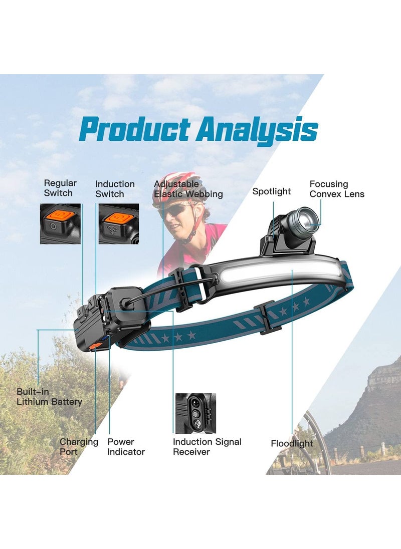 JAMUNESH ENTERPRISE Rechargeable LED Headlamp Flashlight 270Wide Beam 1000 Lumens Super Bright 6 Modes Motion Sensors Switchable Dual Headlamp Lightweight Outdoor Waterproof Head Light for Night Running Fishing Cycling Camping