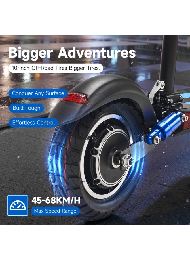 V10 Big LCD Display 1200W Motor E-Scooter, 48V 12AH Battery, 28–42 MRH Max Speed 20-40KM Range, 10” Off-Road Rubber Tires, Dual Disc Brakes, Front & Rear Suspension, Foldable Aluminum Frame, Triple LED Headlights, LED Base Lighting, Electric Scooter for Adults/Teens with Seat, Heavy Duty 265 lbs Load Capacity, Fast Urban Commuter E-Skateboard for Teens and Adults, Long Range, E-bike with Solid Tires and Easy Folding Design, Fast Urban Commuter Motorized Scooter,Perfect Scooter for Outdoor Adventures, Blue