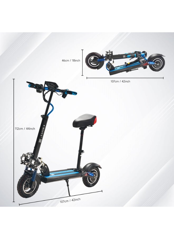 V10 Big LCD Display 1200W Motor E-Scooter, 48V 12AH Battery, 28–42 MRH Max Speed 20-40KM Range, 10” Off-Road Rubber Tires, Dual Disc Brakes, Front & Rear Suspension, Foldable Aluminum Frame, Triple LED Headlights, LED Base Lighting, Electric Scooter for Adults/Teens with Seat, Heavy Duty 265 lbs Load Capacity, Fast Urban Commuter E-Skateboard for Teens and Adults, Long Range, E-bike with Solid Tires and Easy Folding Design, Fast Urban Commuter Motorized Scooter,Perfect Scooter for Outdoor Adventures, Blue