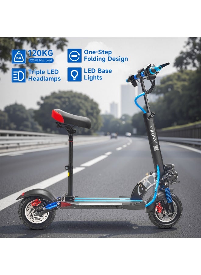 V10 Big LCD Display 1200W Motor E-Scooter, 48V 12AH Battery, 28–42 MRH Max Speed 20-40KM Range, 10” Off-Road Rubber Tires, Dual Disc Brakes, Front & Rear Suspension, Foldable Aluminum Frame, Triple LED Headlights, LED Base Lighting, Electric Scooter for Adults/Teens with Seat, Heavy Duty 265 lbs Load Capacity, Fast Urban Commuter E-Skateboard for Teens and Adults, Long Range, E-bike with Solid Tires and Easy Folding Design, Fast Urban Commuter Motorized Scooter,Perfect Scooter for Outdoor Adventures, Blue