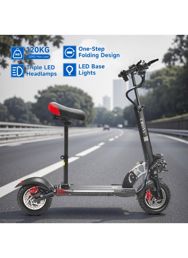 V10 Big LCD Display 1200W Motor E-Scooter, 48V 12AH Battery, 28–42 MRH Max Speed 20-40KM Range, 10” Off-Road Rubber Tires, Dual Disc Brakes, Front & Rear Suspension, Foldable Aluminum Frame, Triple LED Headlights, LED Base Lighting, Electric Scooter for Adults/Teens with Seat, Heavy Duty 265 lbs Load Capacity, Fast Urban Commuter E-Skateboard for Teens and Adults, Long Range, E-bike with Solid Tires and Easy Folding Design, Fast Urban Commuter Motorized Scooter,Perfect Scooter for Outdoor Adventures, Black
