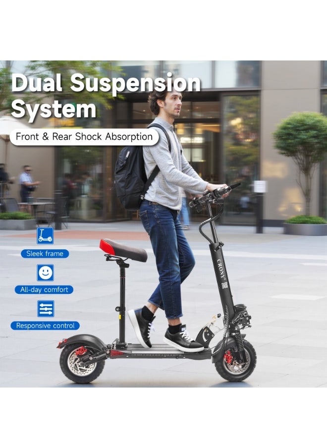 V10 Big LCD Display 1200W Motor E-Scooter, 48V 12AH Battery, 28–42 MRH Max Speed 20-40KM Range, 10” Off-Road Rubber Tires, Dual Disc Brakes, Front & Rear Suspension, Foldable Aluminum Frame, Triple LED Headlights, LED Base Lighting, Electric Scooter for Adults/Teens with Seat, Heavy Duty 265 lbs Load Capacity, Fast Urban Commuter E-Skateboard for Teens and Adults, Long Range, E-bike with Solid Tires and Easy Folding Design, Fast Urban Commuter Motorized Scooter,Perfect Scooter for Outdoor Adventures, Black