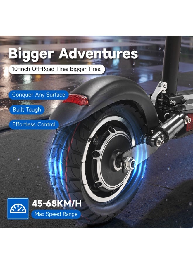 V10 Big LCD Display 1200W Motor E-Scooter, 48V 12AH Battery, 28–42 MRH Max Speed 20-40KM Range, 10” Off-Road Rubber Tires, Dual Disc Brakes, Front & Rear Suspension, Foldable Aluminum Frame, Triple LED Headlights, LED Base Lighting, Electric Scooter for Adults/Teens with Seat, Heavy Duty 265 lbs Load Capacity, Fast Urban Commuter E-Skateboard for Teens and Adults, Long Range, E-bike with Solid Tires and Easy Folding Design, Fast Urban Commuter Motorized Scooter,Perfect Scooter for Outdoor Adventures, Black