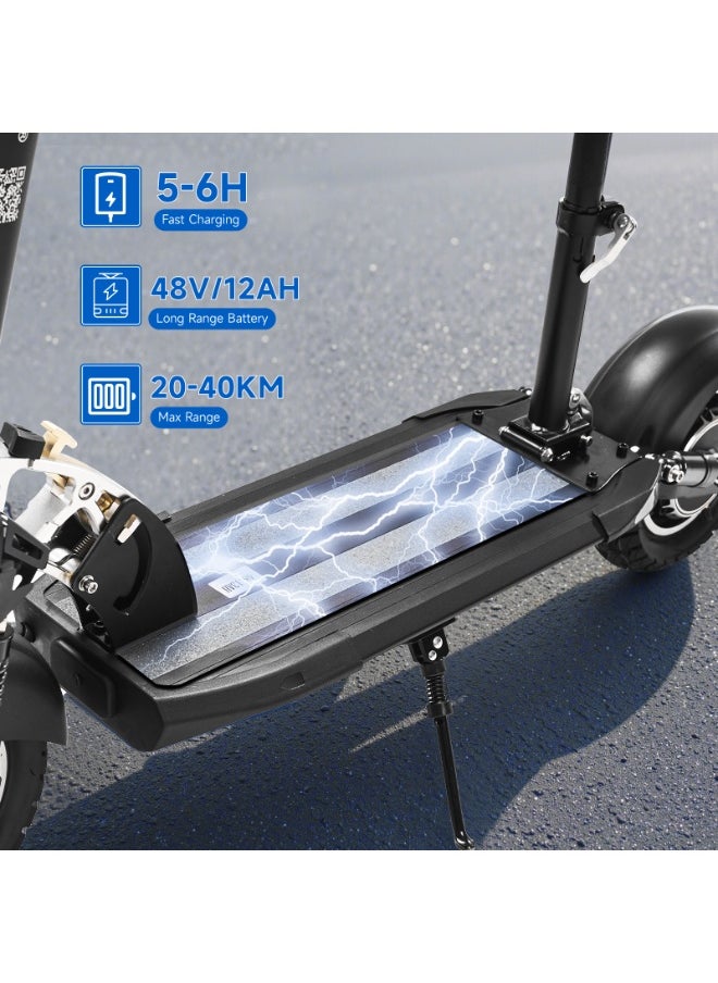 V10 Big LCD Display 1200W Motor E-Scooter, 48V 12AH Battery, 28–42 MRH Max Speed 20-40KM Range, 10” Off-Road Rubber Tires, Dual Disc Brakes, Front & Rear Suspension, Foldable Aluminum Frame, Triple LED Headlights, LED Base Lighting, Electric Scooter for Adults/Teens with Seat, Heavy Duty 265 lbs Load Capacity, Fast Urban Commuter E-Skateboard for Teens and Adults, Long Range, E-bike with Solid Tires and Easy Folding Design, Fast Urban Commuter Motorized Scooter,Perfect Scooter for Outdoor Adventures, Black