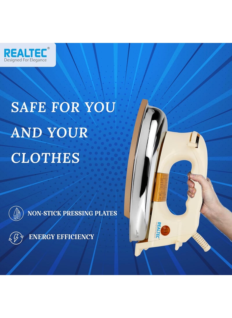 REALTEC Plancha Golden 1000W Compact and HeavyWeight Electric Iron Press For Clothes NonStick Coated Soleplate Comfortable Handgrip 2 Years Warranty