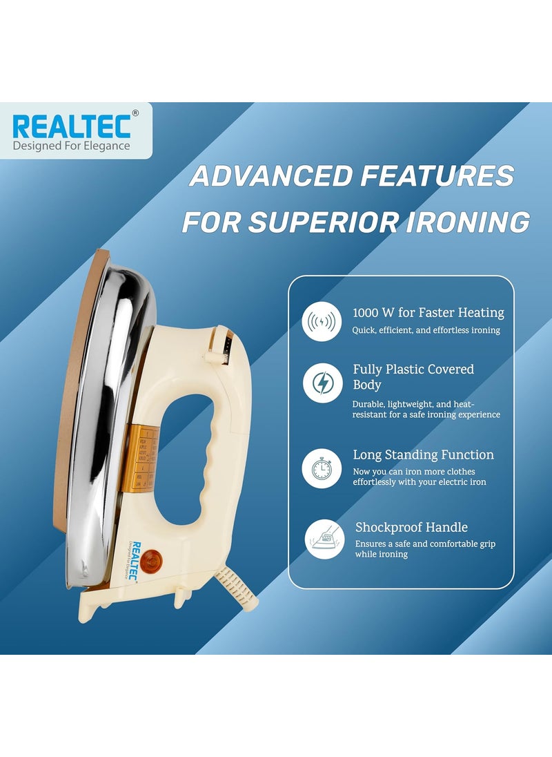 REALTEC 750W Plancha Golden Iron Press for Clothes WIth German Technology NonStick Coated Sole Plate Quick Heat Comfortable Handgrip Shock Proof Body 2 Years Manufacturer Warranty