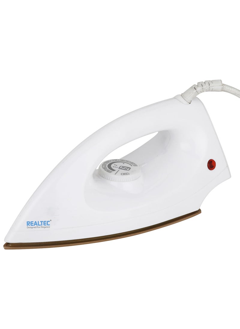 REALTEC Silky 1000W LightWeight NonStick Coated Electric Dry Iron Press for Clothes Light Easy to Use Comfortable HandGrip 2 Years Manufacturer Warranty White