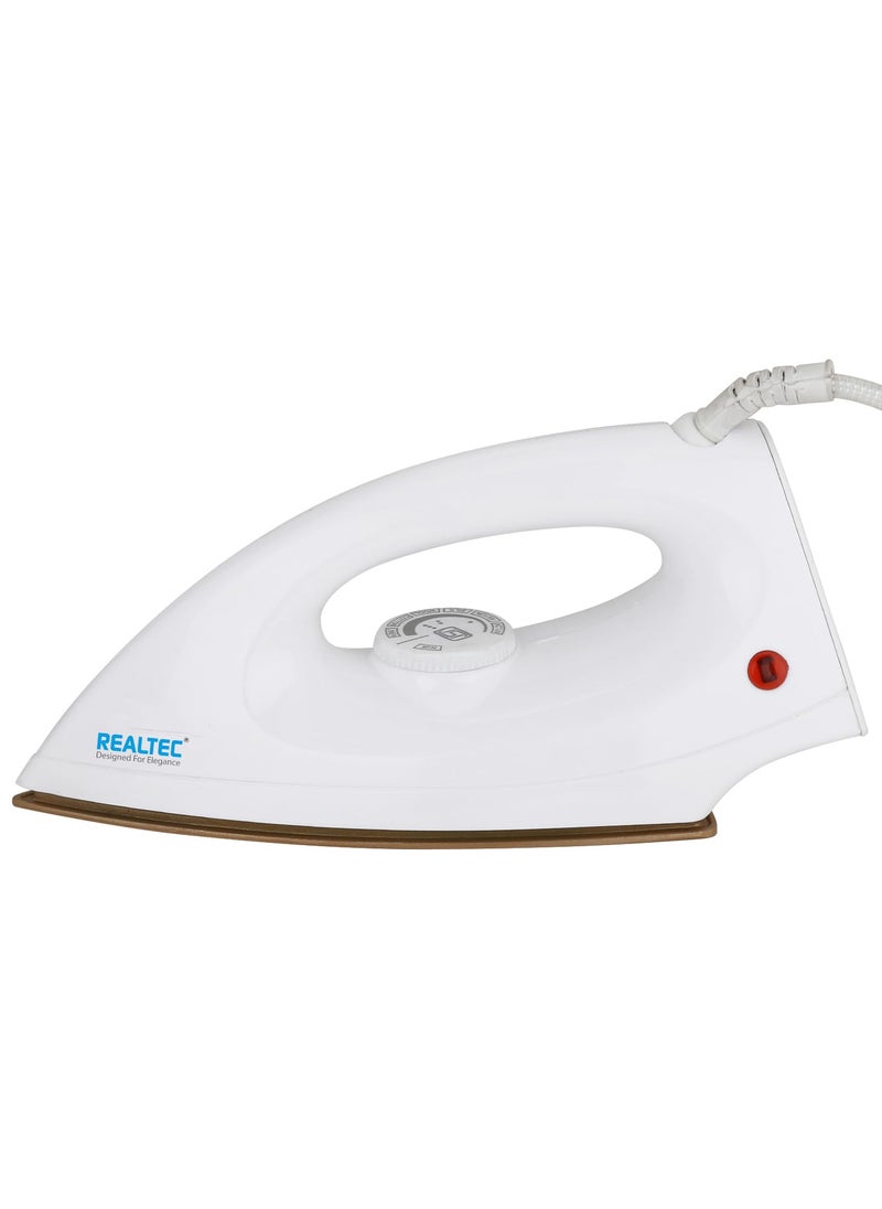 REALTEC Silky 1000W LightWeight NonStick Coated Electric Dry Iron Press for Clothes Light Easy to Use Comfortable HandGrip 2 Years Manufacturer Warranty White