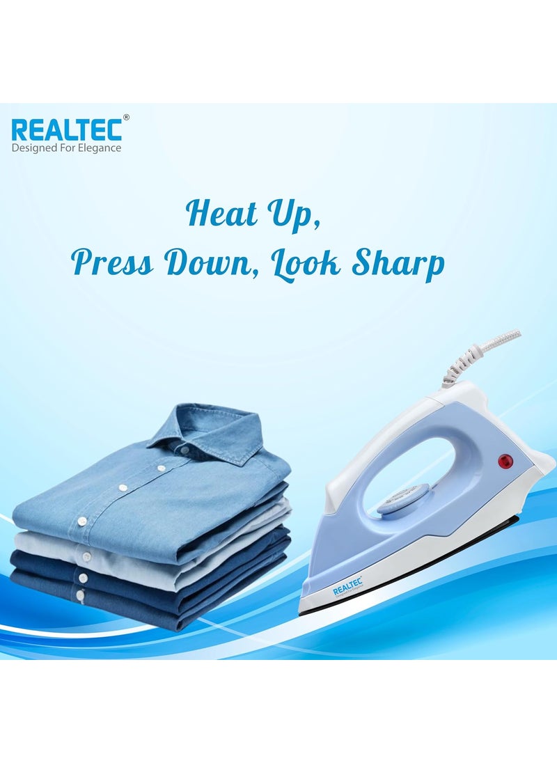 REALTEC Vista 1000W Lightweight Dry Iron Press For Cloth With Japanese Quick Heat Technology Wrinkle Free Clothes in One Shot 2 Year Manufacturer Warranty Sky blue