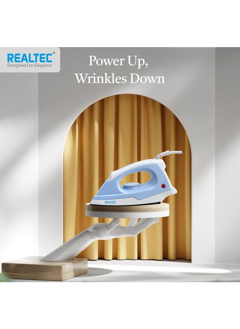 REALTEC Vista 1000W Lightweight Dry Iron Press For Cloth With Japanese Quick Heat Technology Wrinkle Free Clothes in One Shot 2 Year Manufacturer Warranty Sky blue