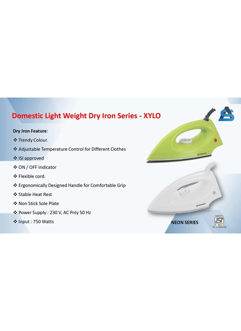 ARSOMAA XYLO750 watt Dry Iron with NonStick Sole Plate SafetyPacked Electric Iron Press Stainless Still Quick Heating 1year Warranty White