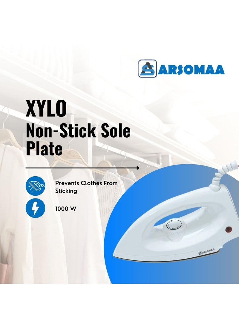 ARSOMAA XYLO750 watt Dry Iron with NonStick Sole Plate SafetyPacked Electric Iron Press Stainless Still Quick Heating 1year Warranty White