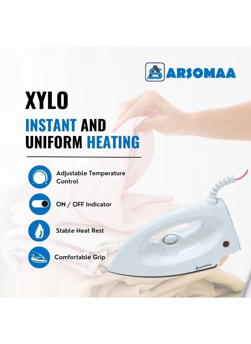 ARSOMAA XYLO750 watt Dry Iron with NonStick Sole Plate SafetyPacked Electric Iron Press Stainless Still Quick Heating 1year Warranty White