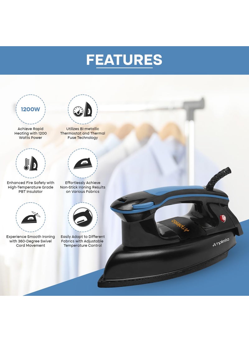 Amplesta Plancha Dry Iron 1200 Watts HighTemperature Grade PBT Insulator Adjustable Temperature Control ISI Marked Made in India 360 Swivel Cord 11 Year Warranty Black Blue