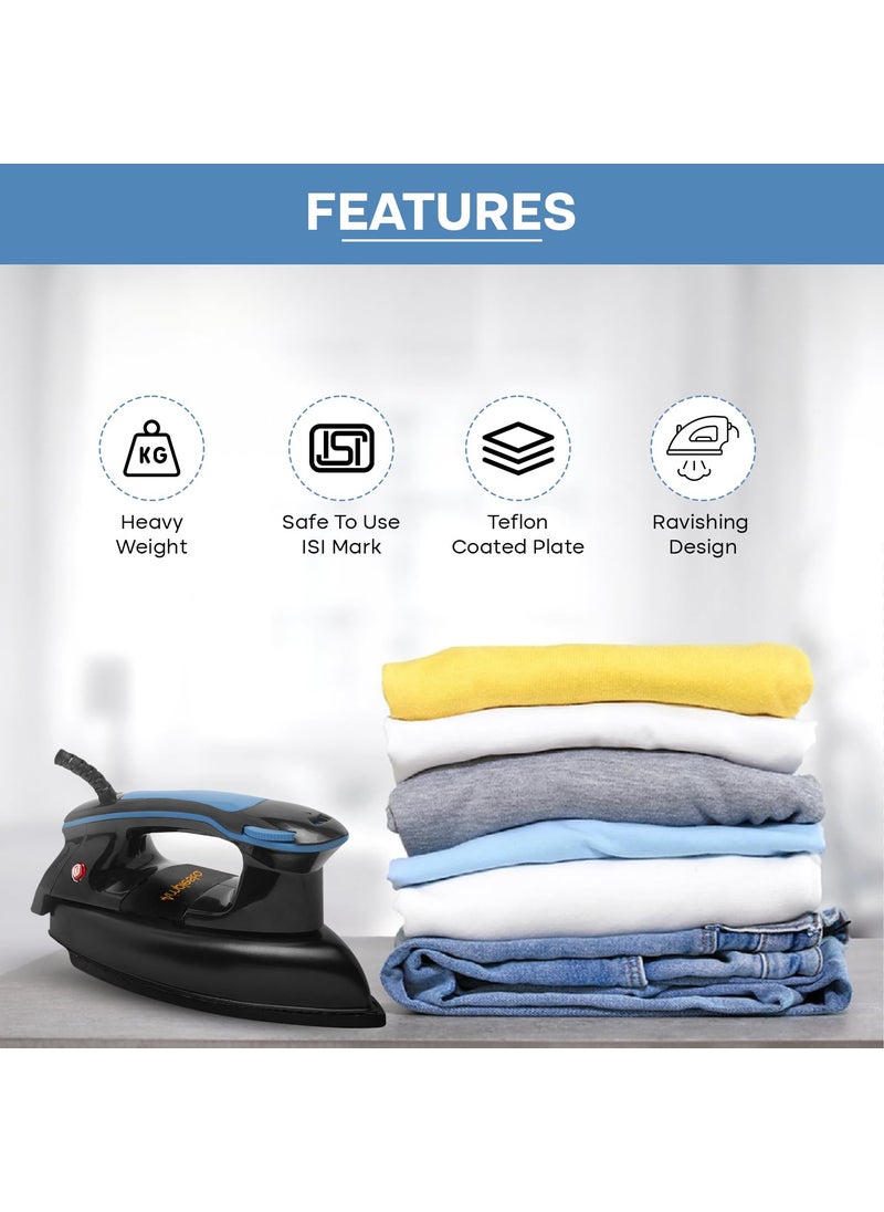 Amplesta Plancha Dry Iron 1200 Watts HighTemperature Grade PBT Insulator Adjustable Temperature Control ISI Marked Made in India 360 Swivel Cord 11 Year Warranty Black Blue