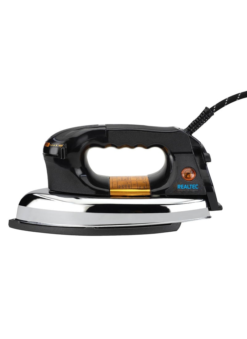 REALTEC 750W Plancha Black Iron Press for Clothes WIth German Technology NonStick Coated Sole Plate Quick Heat Comfortable Handgrip Shock Proof Body 2 Years Manufacturer Warranty