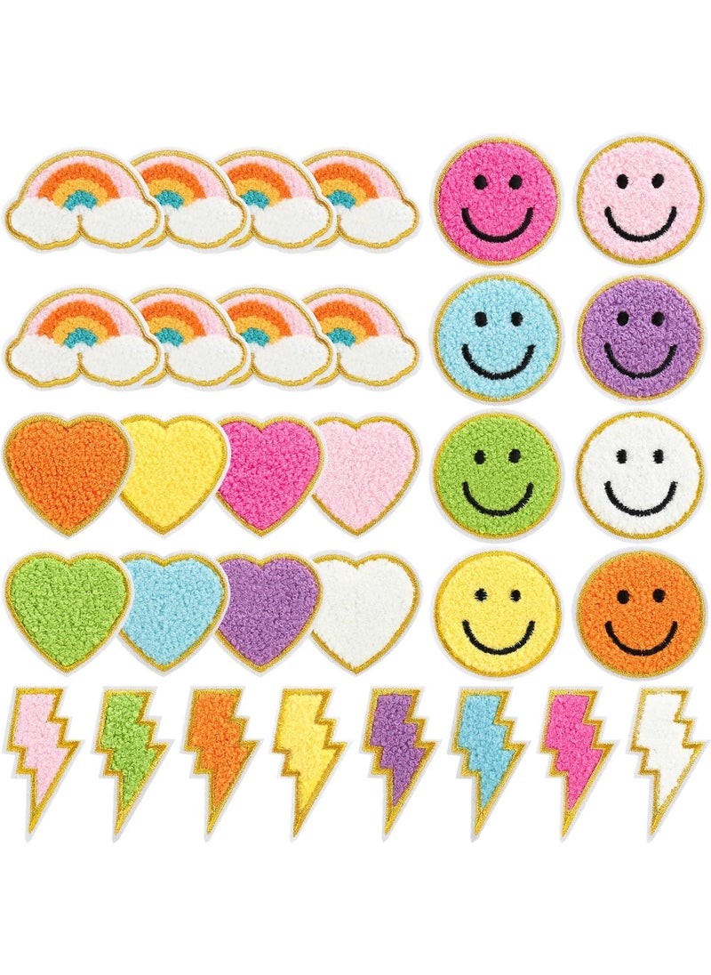 Daily Crafts Multicolor Gold Chenille Embroidery Patches Rainbow Thunder Heart Varsity Patches Iron on Sew on Decorative Repair Applique Patches with Gold Border for Clothing Bags DIY Art Craft Cute Design