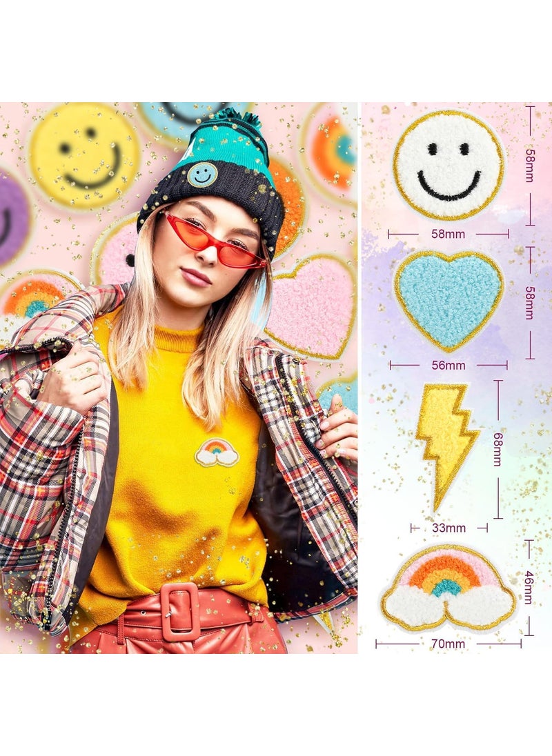 Daily Crafts Multicolor Gold Chenille Embroidery Patches Rainbow Thunder Heart Varsity Patches Iron on Sew on Decorative Repair Applique Patches with Gold Border for Clothing Bags DIY Art Craft Cute Design