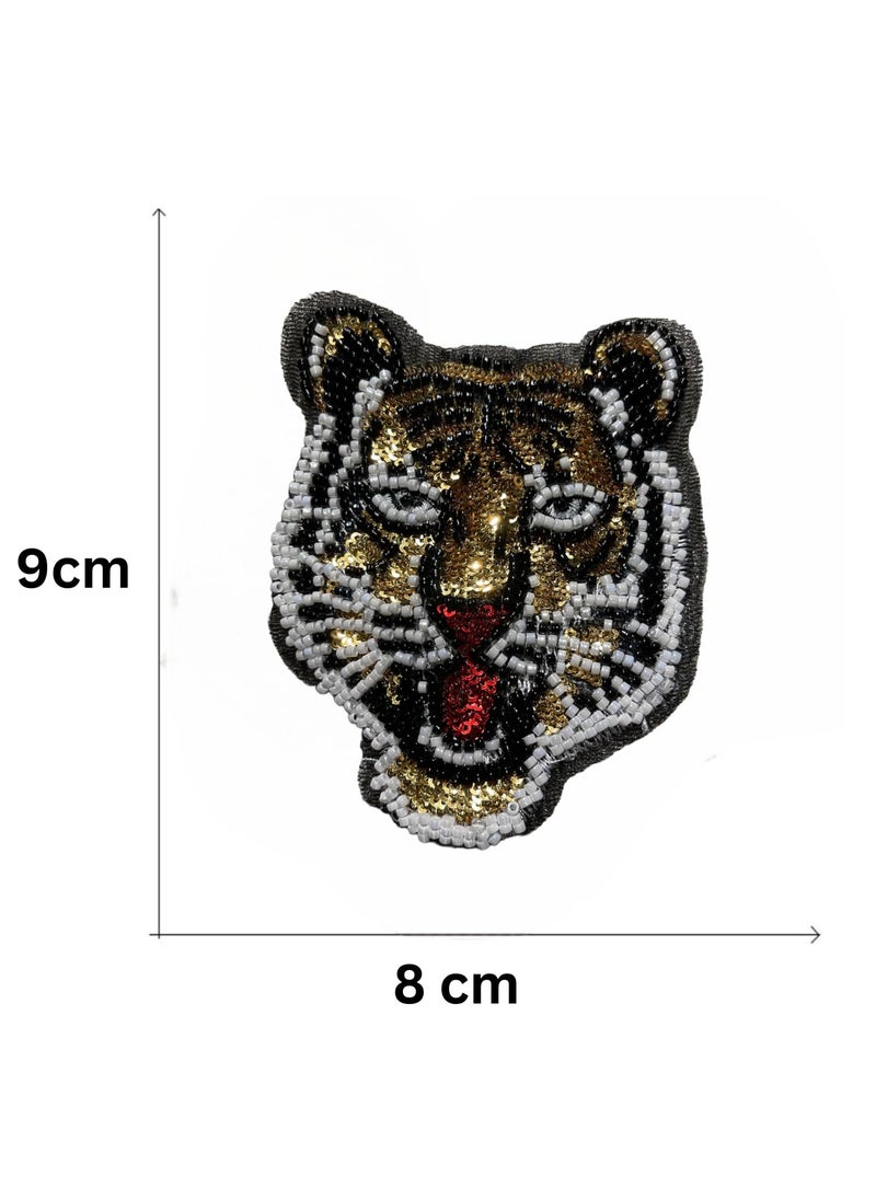 Ani Accessories Wild Small Striking Sew on Patches Beaded Sequin Tiger Head SewOn Patch Perfect for Denim Jackets Bags Clothes DIY Art Crafts