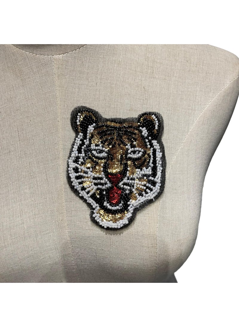 Ani Accessories Wild Small Striking Sew on Patches Beaded Sequin Tiger Head SewOn Patch Perfect for Denim Jackets Bags Clothes DIY Art Crafts