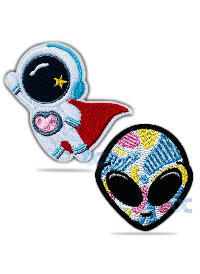 DCW Embroidered Patches Iron On Sew On Pack of 2 Astronaut Cartoon Assorted Embellishments for Girls Boys Sweaters Jackets Varsity Jacket Decorative Patches Cute Space Theme Applique Patches