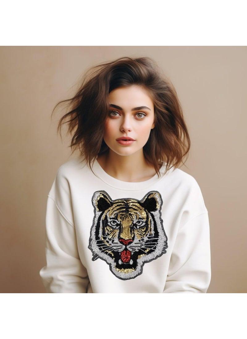 Ani Accessories Tiger Face Wild Striking Beaded Sequin Patches Tiger Head SewOn Patches Perfect for Denim Jackets Bags Clothes and Pullover Sweatshirt DIY Art Crafts