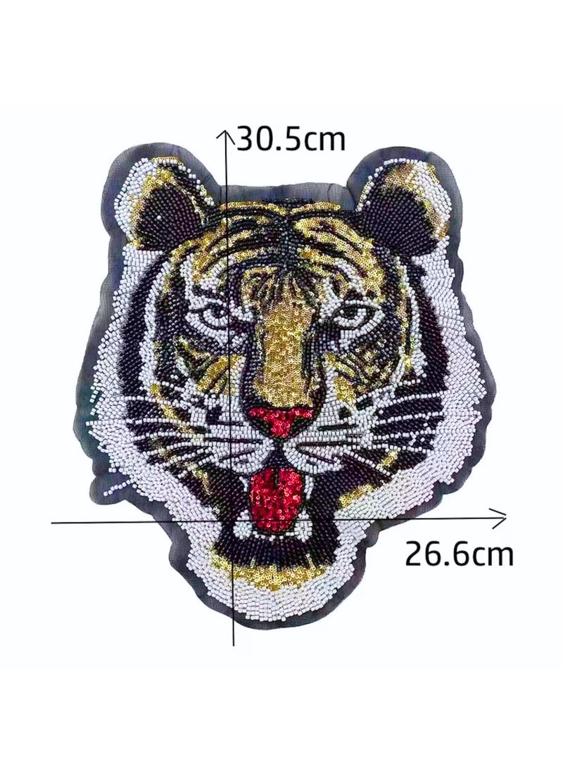 Ani Accessories Tiger Face Wild Striking Beaded Sequin Patches Tiger Head SewOn Patches Perfect for Denim Jackets Bags Clothes and Pullover Sweatshirt DIY Art Crafts