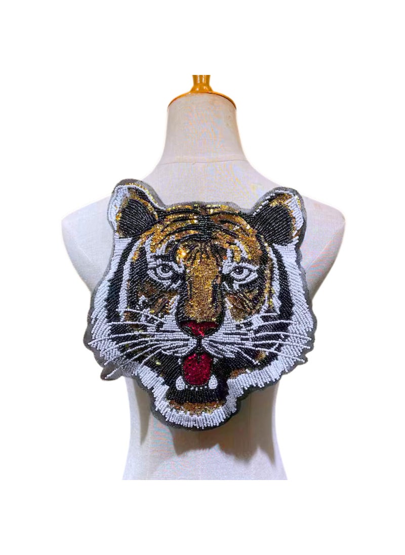 Ani Accessories Tiger Face Wild Striking Beaded Sequin Patches Tiger Head SewOn Patches Perfect for Denim Jackets Bags Clothes and Pullover Sweatshirt DIY Art Crafts