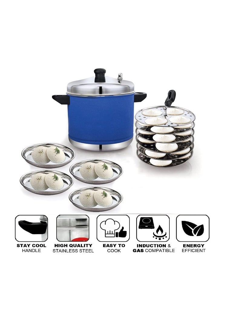 Klassi KIchen Stainless Steel Idli Cooker with 6 Plates with 4 Halwa Plates Idli Bakelite Handle Gas Stove and Induction Compatible Kitchen Accessories COCOBLUE