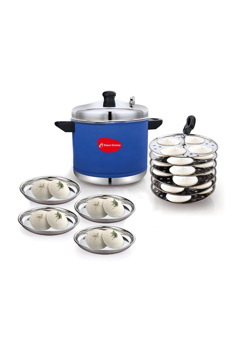 Klassi KIchen Stainless Steel Idli Cooker with 6 Plates with 4 Halwa Plates Idli Bakelite Handle Gas Stove and Induction Compatible Kitchen Accessories COCOBLUE