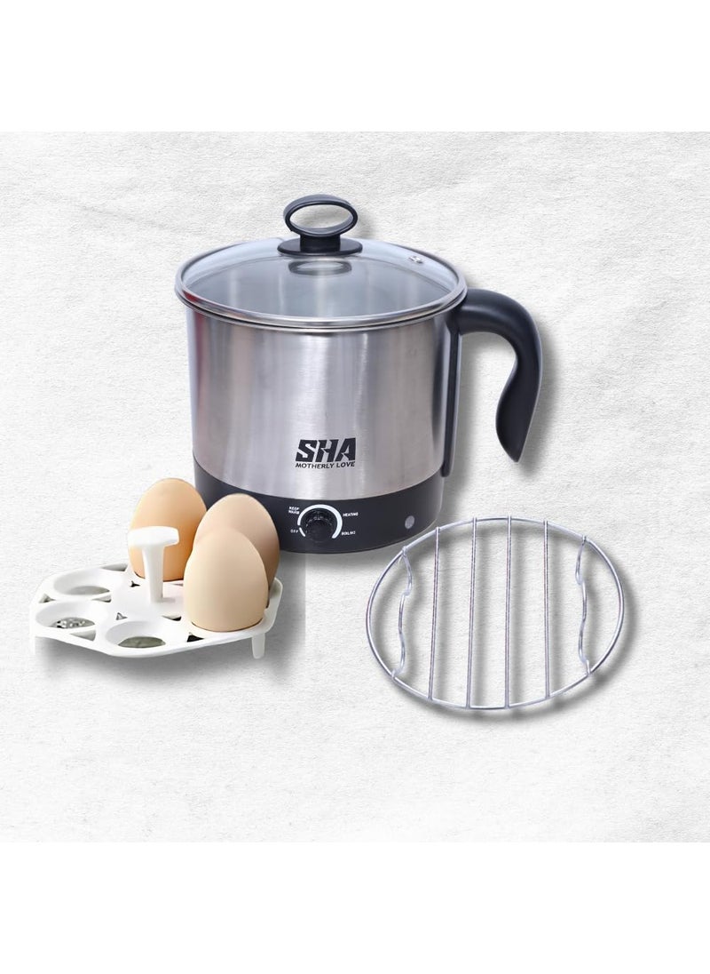 Sha Motherly Love Electric Multi Cooker With Steamer 12 L Stainless Steel Body Glass Lid MultiUse For Hot Water Milk Tea Coffee Oats Noodles Soup Egg Boiler