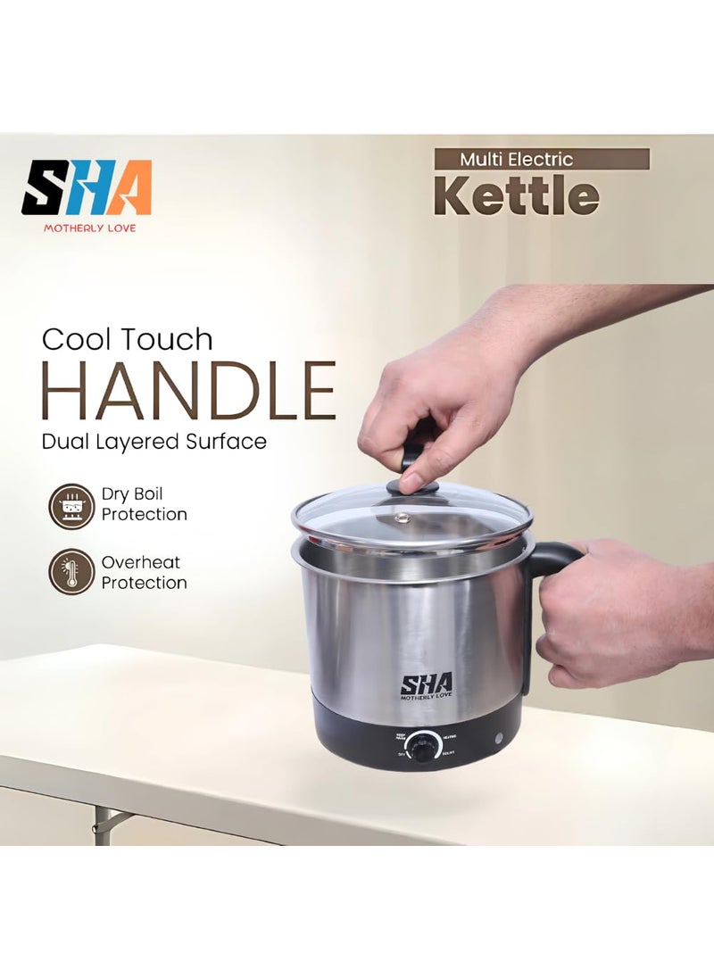 Sha Motherly Love Electric Multi Cooker With Steamer 12 L Stainless Steel Body Glass Lid MultiUse For Hot Water Milk Tea Coffee Oats Noodles Soup Egg Boiler