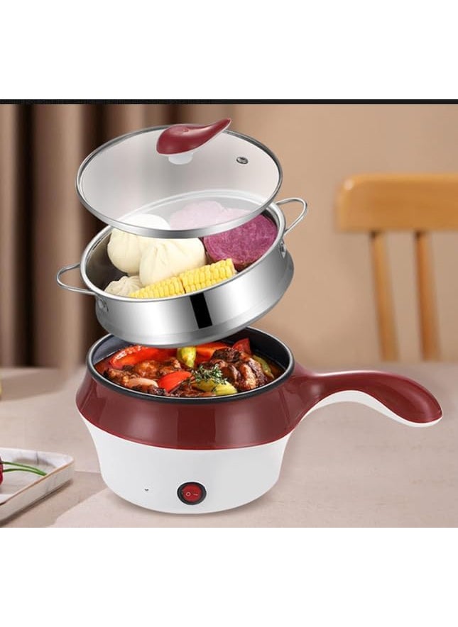 TONSYL Electric Multi Cooking Pot with Steamer Inner Pot Double Layered Body Non Stick Cooker Tempered Glass Lid Travel Cooker for Egg Boiler Food Steamer Deep Fryer Air Fryer Ruby Red
