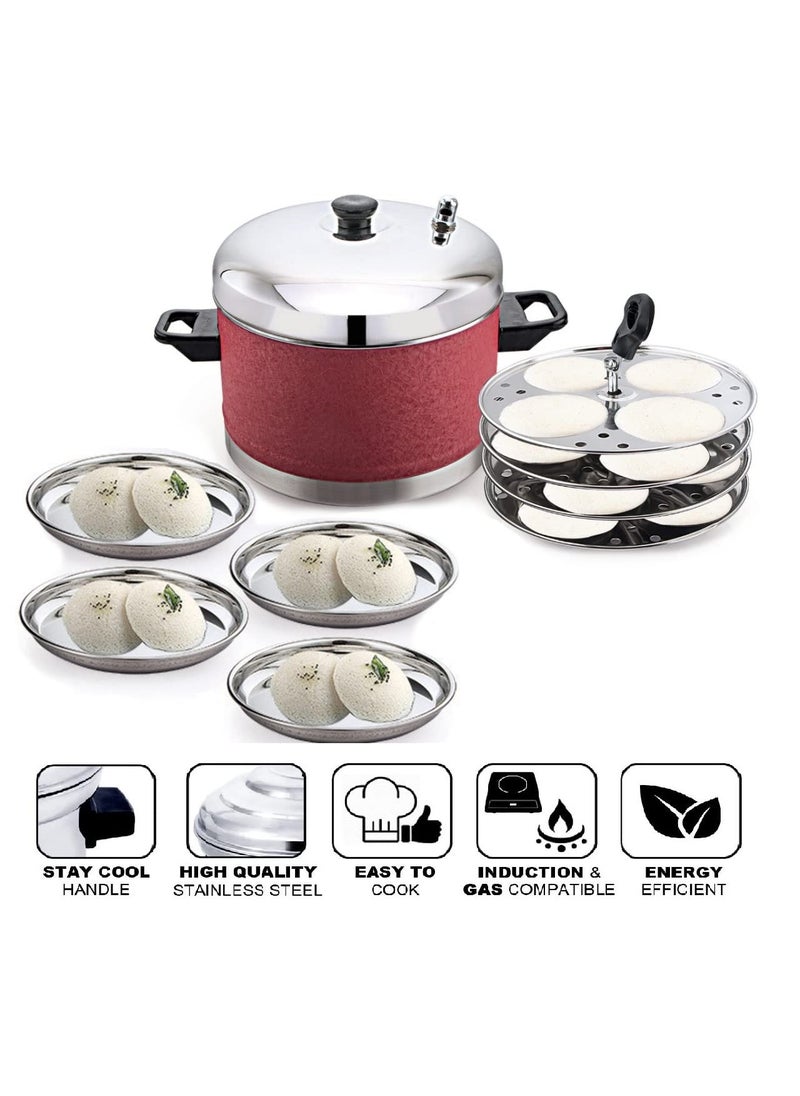 KLASSI KICHEN Stainless steel Idli Cooker with 4 Plates and 4 Halwa Plates Idli Bakelite Handle Gas Stove and Induction Compatible Kitchen Accessories COCORED