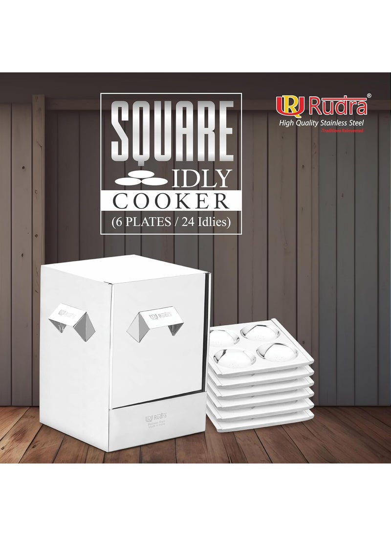 Rudra Stainless Steel Square idly cookermaker 6 plates for HOMEHotel USE Idli Steamer Set Gas stove and Induction Stove Compatible Cookware Made in India