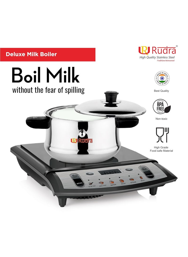 Rudra Stainless Steel Deluxe Milk Boiler 1 LTR SpillProof 202 SS Grade Induction Gas Compatible BurnFree RustResistant Ideal for Milk Tea Coffee Soups More Sturdy Handle