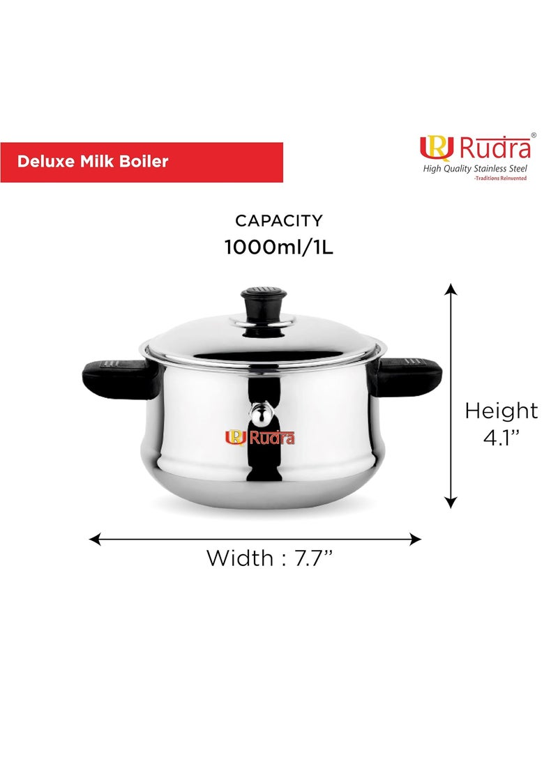 Rudra Stainless Steel Deluxe Milk Boiler 1 LTR SpillProof 202 SS Grade Induction Gas Compatible BurnFree RustResistant Ideal for Milk Tea Coffee Soups More Sturdy Handle