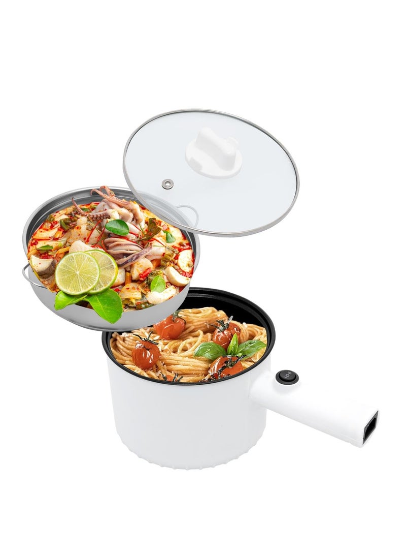 Trady Multifunctional Electric Cooker with Stainless Steel Steamer Electric Non Stick Cookware Hot Pot Long Handle Round Shape Design OverHeating DryBoil Protection For Home Travel White