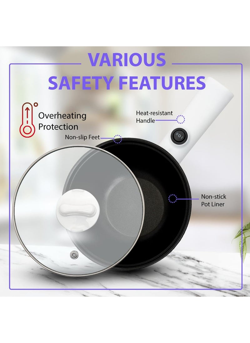Trady Multifunctional Electric Cooker with Stainless Steel Steamer Electric Non Stick Cookware Hot Pot Long Handle Round Shape Design OverHeating DryBoil Protection For Home Travel White