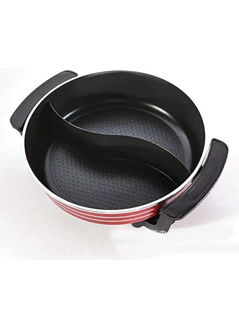 Electric Hot Pot with Adjustable Temperature Mandarin Duck Pot Electric Cooker 2 Grid 2 TasteNon Stick Hot Pot Separate Design Multifunctional Electric Grill Pot with Glass Lid