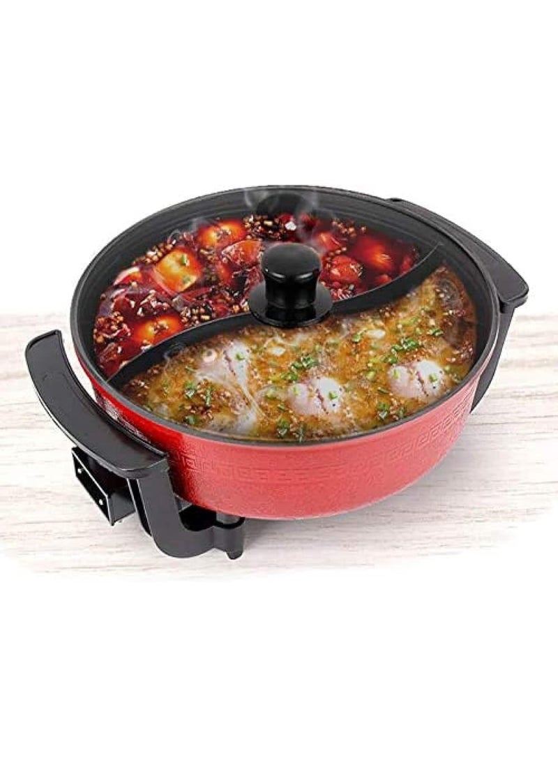 Electric Hot Pot with Adjustable Temperature Mandarin Duck Pot Electric Cooker 2 Grid 2 TasteNon Stick Hot Pot Separate Design Multifunctional Electric Grill Pot with Glass Lid