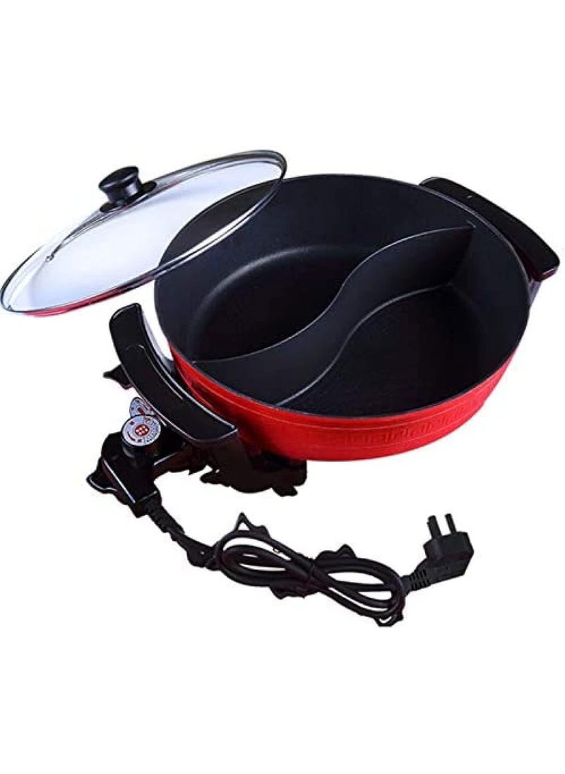 Electric Hot Pot with Adjustable Temperature Mandarin Duck Pot Electric Cooker 2 Grid 2 TasteNon Stick Hot Pot Separate Design Multifunctional Electric Grill Pot with Glass Lid