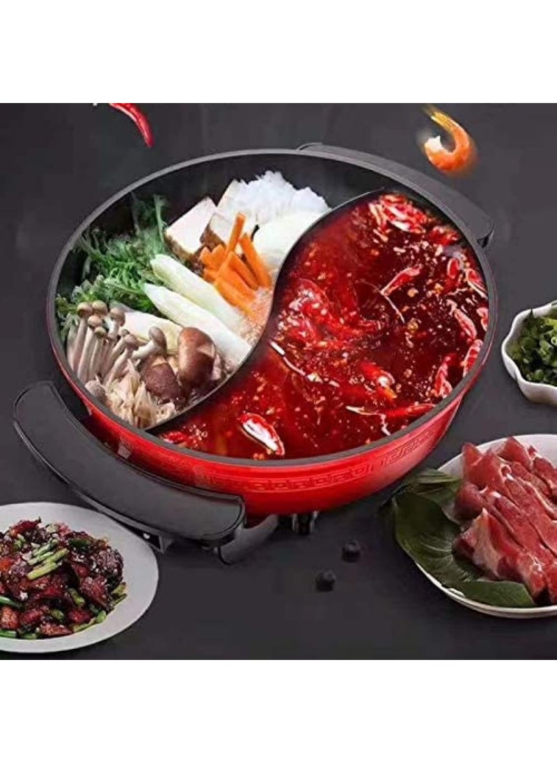 Matiko Electric Shabu Shabu Hot Pot 2 Flavour with Divider and lid NonStick Coating 1300 W Soup Pot Home Kitchen Cookware Pot Smokeless Twin Divided Shabu Pot