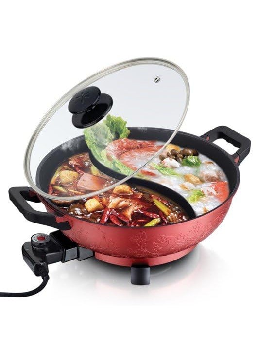 Matiko Electric Shabu Shabu Hot Pot 2 Flavour with Divider and lid NonStick Coating 1300 W Soup Pot Home Kitchen Cookware Pot Smokeless Twin Divided Shabu Pot