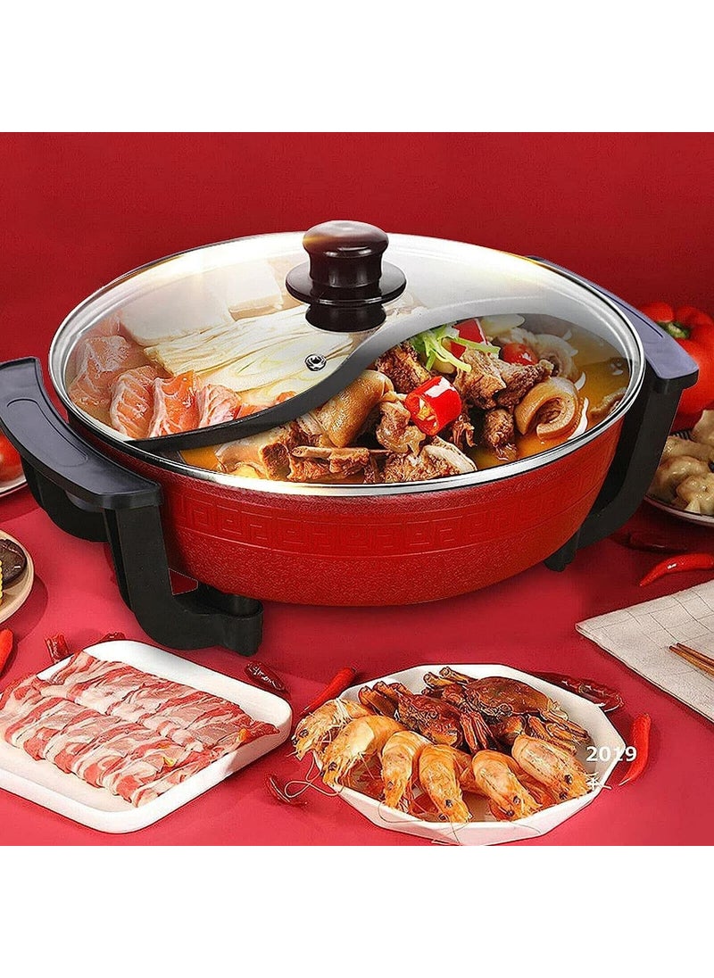 Olpad 2 Grid 2 Flavour Cooking Pot Party Pan Multifunctional Pan with Glass Lid 1300 W 6 L Twin Hot Pot with Lid Soup Cooking Tool Cookware Easy to Clean Quick Heating
