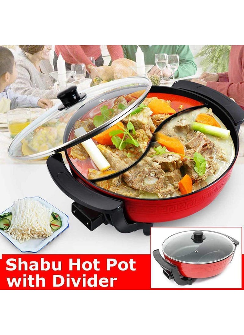 Olpad 2 Grid 2 Flavour Cooking Pot Party Pan Multifunctional Pan with Glass Lid 1300 W 6 L Twin Hot Pot with Lid Soup Cooking Tool Cookware Easy to Clean Quick Heating