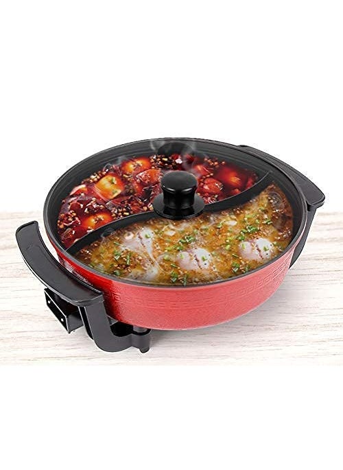 Delavala Electric Heating Hot Pot MultiFunction Non Stick Smokeless Pot with Steamer Cooker with Lid Heat Frying Pan Steaming Hot Pot Cooking Cookware for Kitchen Red