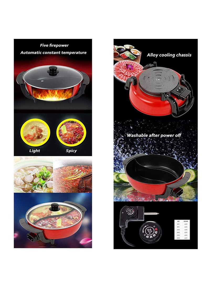 Delavala Electric Heating Hot Pot MultiFunction Non Stick Smokeless Pot with Steamer Cooker with Lid Heat Frying Pan Steaming Hot Pot Cooking Cookware for Kitchen Red
