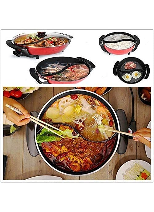 Delavala Electric Heating Hot Pot MultiFunction Non Stick Smokeless Pot with Steamer Cooker with Lid Heat Frying Pan Steaming Hot Pot Cooking Cookware for Kitchen Red